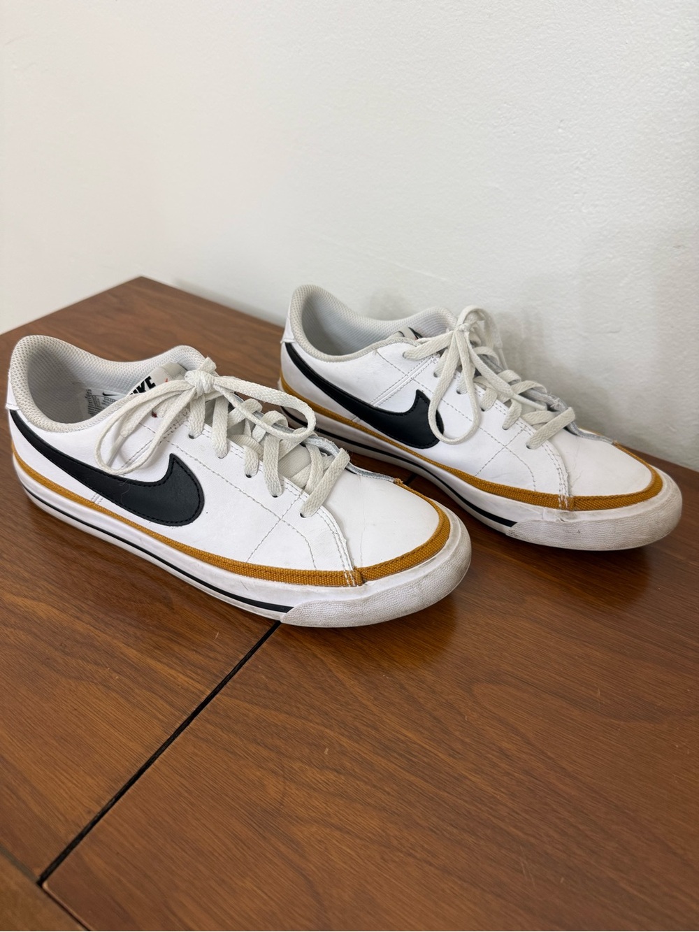 {5Y} Nike Court Legacy White Black & Gold Low-Top Sneakers